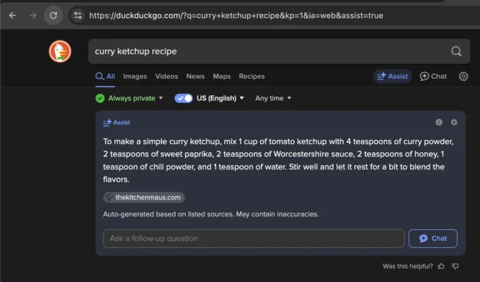 DuckDuckGo search results for a curry ketchup recipe with step-by-step instructions visible.